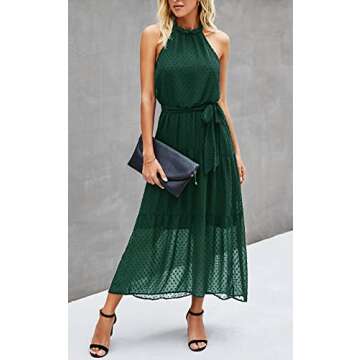PRETTYGARDEN Women’s Casual Halter Neck Sleeveless Floral Long Maxi Dress Backless Loose Ruffle Sundress with Belt (Solid Dark Green,X-Large)