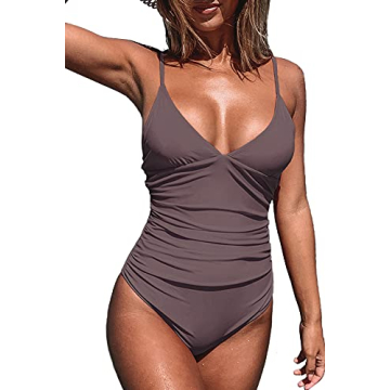 CUPSHE Women's One Piece Swimsuit Tummy Control V Neck Two Piece Bathing Suits, Cafe Brown, XL