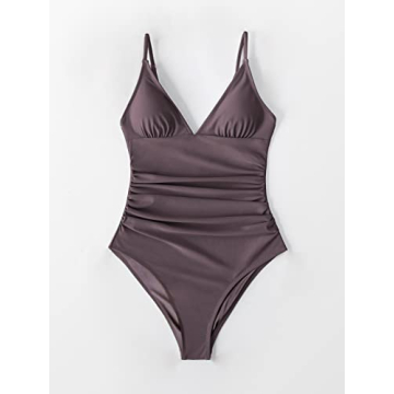 CUPSHE Women's One Piece Swimsuit Tummy Control V Neck Two Piece Bathing Suits, Cafe Brown, XL