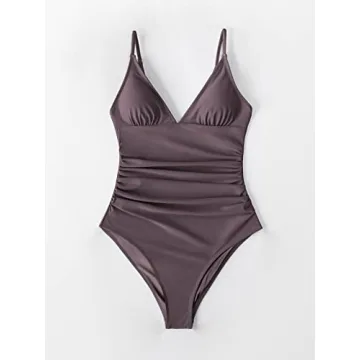 CUPSHE Women's One Piece Swimsuit Tummy Control V Neck Two Piece Bathing Suits, Cafe Brown, XL