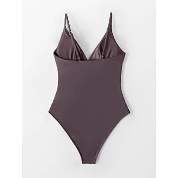 CUPSHE Women's One Piece Swimsuit Tummy Control V Neck Two Piece Bathing Suits, Cafe Brown, XL