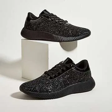 BELOS Women's Glitter Shoes Sparkly Lightweight Metallic Sequins Tennis Shoes(8B(M) US, Black)