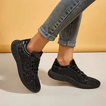 BELOS Women's Glitter Shoes Sparkly Lightweight Metallic Sequins Tennis Shoes(8B(M) US, Black)