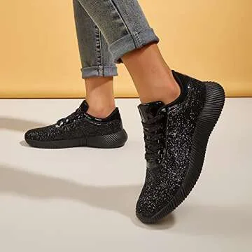BELOS Women's Glitter Shoes Sparkly Lightweight Metallic Sequins Tennis Shoes(8B(M) US, Black)