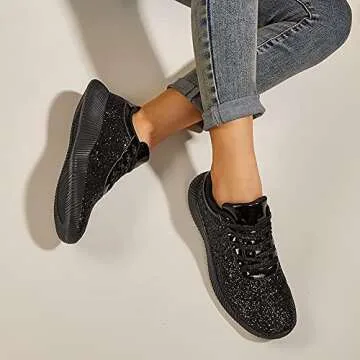 BELOS Women's Glitter Shoes Sparkly Lightweight Metallic Sequins Tennis Shoes(8B(M) US, Black)