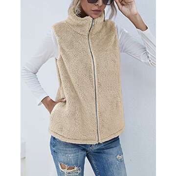 Women's Sherpa Fleece Zip Vest with Pockets - Lightweight, Warm, Sleeveless