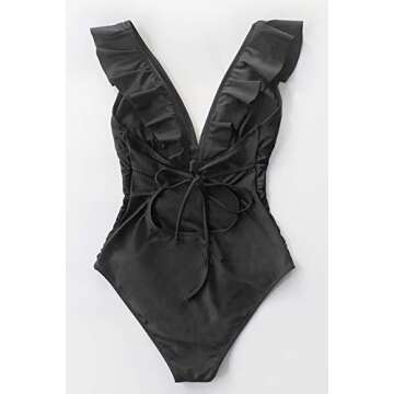 CUPSHE Women's Ruffled Lace Up One Piece Swimsuit, XL Black