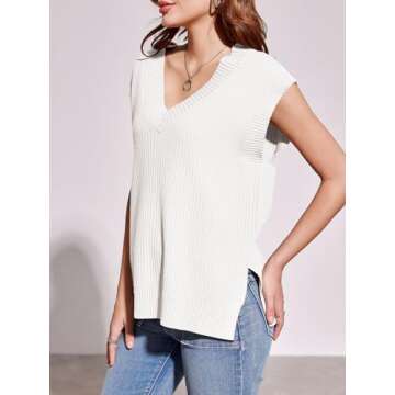 Saodimallsu Womens V Neck Sweater Vest Oversized Ribbed Knit Sleeveless Casual Loose Fit Pullover Tank Top White