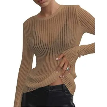 KAMISSY Women See Through Crew Neck Sheer Mesh Knitted Sweater in Khaki