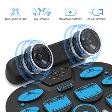 Portable Electronic Drum Set with MIDI and Speakers