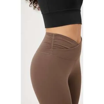 ODODOS Women's Cross Waist 7/8 Yoga Leggings with Inner Pocket, Inseam 25" Gathered Crossover Workout Yoga Pants, Brunette, Small