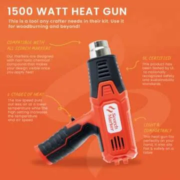 SCORCH MARKER - Heat Gun, 1500 Watt Dual Temperature, 842℉-1202℉ (450℃- 650℃) Heat Stages, Heat Gun for Crafting, Home Decor, Wood Burning Designs, Repairs, Shrink Wrap, and More, w/Fine Tip Nozzle