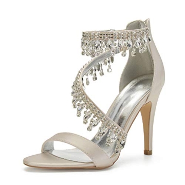 IN4 Wedding Shoes for Bride High Heels Sandals Ankle Strap Crystal Zipper Back Formal Evening Prom P...