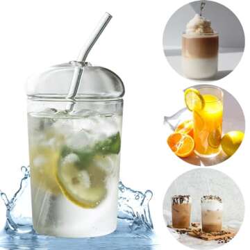 Qancesd Glass Cup with Lid and Straw, 16oz Iced Coffee Cups with Lids, Glass Tumbler with Dome Lid, Glass Tumbler with Straw, Drinking Glasses for Smoothies Juice
