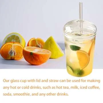 Qancesd Glass Cup with Lid and Straw, 16oz Iced Coffee Cups with Lids, Glass Tumbler with Dome Lid, Glass Tumbler with Straw, Drinking Glasses for Smoothies Juice