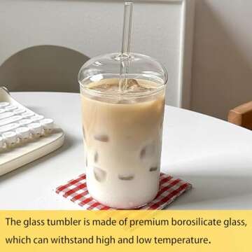 Qancesd Glass Cup with Lid and Straw, 16oz Iced Coffee Cups with Lids, Glass Tumbler with Dome Lid, Glass Tumbler with Straw, Drinking Glasses for Smoothies Juice