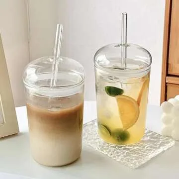 Qancesd Glass Cup with Lid and Straw, 16oz Iced Coffee Cups with Lids, Glass Tumbler with Dome Lid, Glass Tumbler with Straw, Drinking Glasses for Smoothies Juice