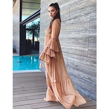 EDOLYNSA Women's Kimono Cardigan Long Sheer Swimsuit Cover up Plus Size Beachwear with Flared Sleeves… Orange