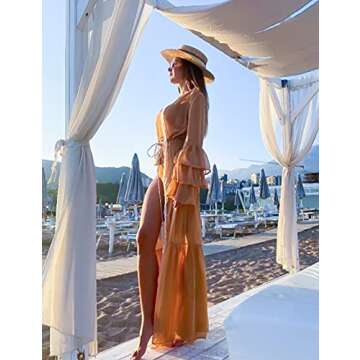 EDOLYNSA Women's Kimono Cardigan Long Sheer Swimsuit Cover up Plus Size Beachwear with Flared Sleeves… Orange
