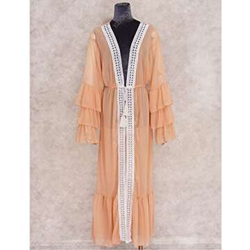 EDOLYNSA Women's Kimono Cardigan Long Sheer Swimsuit Cover up Plus Size Beachwear with Flared Sleeves… Orange