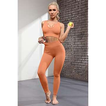 QINSEN Workout Outfits for Women 2 Piece Ribbed Seamless Crop Tank High Waist Yoga Leggings Sets (XS, Light Orange)
