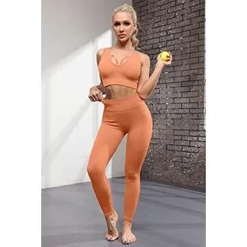 QINSEN Workout Outfits for Women 2 Piece Ribbed Seamless Crop Tank High Waist Yoga Leggings Sets (XS, Light Orange)