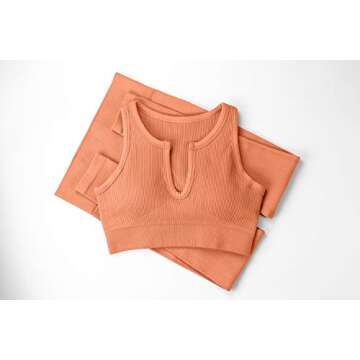 QINSEN Workout Outfits for Women 2 Piece Ribbed Seamless Crop Tank High Waist Yoga Leggings Sets (XS, Light Orange)