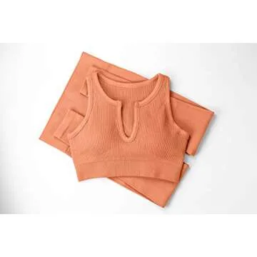 QINSEN Workout Outfits for Women 2 Piece Ribbed Seamless Crop Tank High Waist Yoga Leggings Sets (XS, Light Orange)