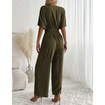 LOOKBOHO Womens Dressy Jumpsuits V Neck Belted Waist Casual Wide Leg Pants Romper Formal Elegant Jumpsuit Army Green S