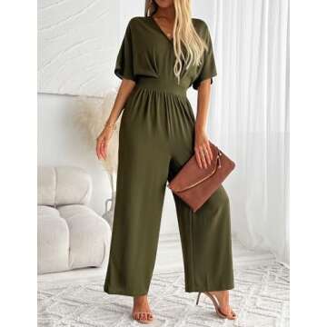 LOOKBOHO Womens Dressy Jumpsuits V Neck Belted Waist Casual Wide Leg Pants Romper Formal Elegant Jumpsuit Army Green S