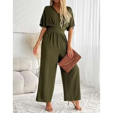 LOOKBOHO Womens Dressy Jumpsuits V Neck Belted Waist Casual Wide Leg Pants Romper Formal Elegant Jumpsuit Army Green S