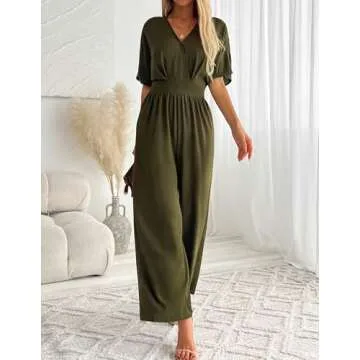LOOKBOHO Womens Dressy Jumpsuits V Neck Belted Waist Casual Wide Leg Pants Romper Formal Elegant Jumpsuit Army Green S