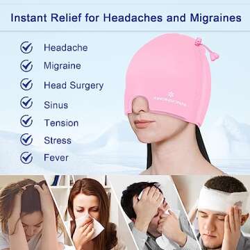 Gel Ice Migraine Headache Relief Cap, Adjustable Headache Cap Migraine with Drawstring Fits All Heads, Cold Compression Migraine Relief Cap for Tension, Stress, Sinus, Puffy Eyes, Hot/Cold Therapy