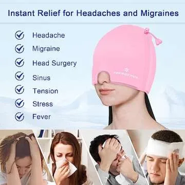 Gel Ice Migraine Headache Relief Cap, Adjustable Headache Cap Migraine with Drawstring Fits All Heads, Cold Compression Migraine Relief Cap for Tension, Stress, Sinus, Puffy Eyes, Hot/Cold Therapy