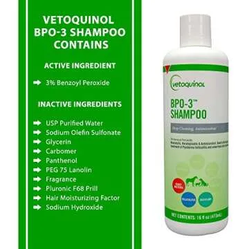 Vetoquinol BPO-3 Shampoo for Dogs, Cats & Horses (3% Benzoyl Peroxide) – 16oz – Deep Cleaning, Medicated Shampoo Opens & Flushes Hair Follicles – Degreases Oily Coats – Soothes Red, Flaky, Itchy Skin