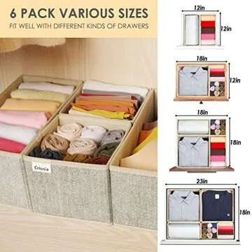Criusia Underwear Drawer Organizer, 6 Set Foldable Underwear Drawer Organizer and Closet Dividers,Storage Box for Clothes, Socks, Underwear (6 Bins, Beige)