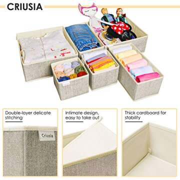 Criusia Underwear Drawer Organizer, 6 Set Foldable Underwear Drawer Organizer and Closet Dividers,Storage Box for Clothes, Socks, Underwear (6 Bins, Beige)