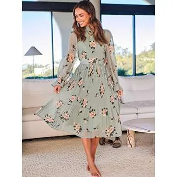 ANRABESS Women's Floral Midi Dress Puff Long Sleeve Casual Ruffle Chiffon A-Line Swing Pleated Belted Tea Party Dresses Floral Green Small