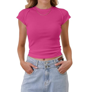 Calbatic Women's Ribbed Knit Cap Sleeve T-Shirt - Slim Fit Summer Tee