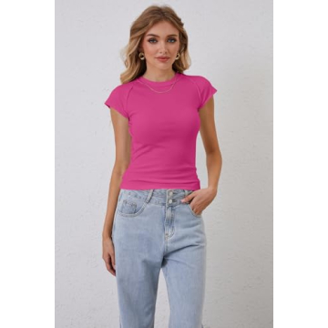 Calbatic Women's Ribbed Knit Cap Sleeve Slim Fit Tee