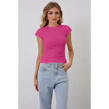 Calbatic Women's Ribbed Knit Cap Sleeve Slim Fit Tee