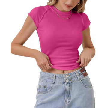 Calbatic Women's Ribbed Knit Cap Sleeve Slim Fit Tee