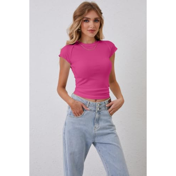 Calbatic Women's Ribbed Knit Cap Sleeve Slim Fit Tee