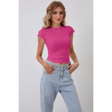 Calbatic Women's Ribbed Knit Cap Sleeve Slim Fit Tee