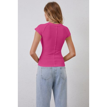 Calbatic Women's Ribbed Knit Cap Sleeve Slim Fit Tee