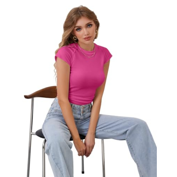 Calbatic Women's Ribbed Knit Cap Sleeve Slim Fit Tee