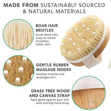 Dry Brushing Body Brush for Lymphatic Drainage & Cellulite - Natural Brustles for Wet and Dry Brushing, Body Exfoliating Brush with Massage Nodes for Soft & Smooth Skin
