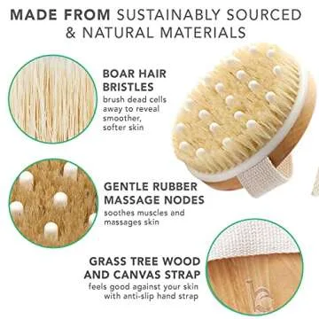 Dry Brushing Body Brush for Lymphatic Drainage & Cellulite - Natural Brustles for Wet and Dry Brushing, Body Exfoliating Brush with Massage Nodes for Soft & Smooth Skin