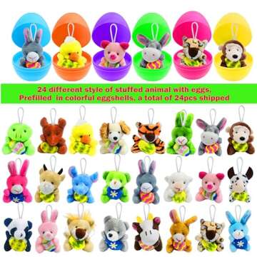 Holydeck 24 Pack Easter Eggs with Plush Toys Assortment Inside Animals Fillers Easter Gifts Stuffed Toy Gifts for Kids Toddlers Easter Basket Stuffers Eggs Fillers Classroom Party Favors