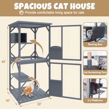 PETVILLE Catio Outdoor Cat House, Wooden Large Enclosure with Run on Wheels, 64" Outdoor/Indoor Cat ...